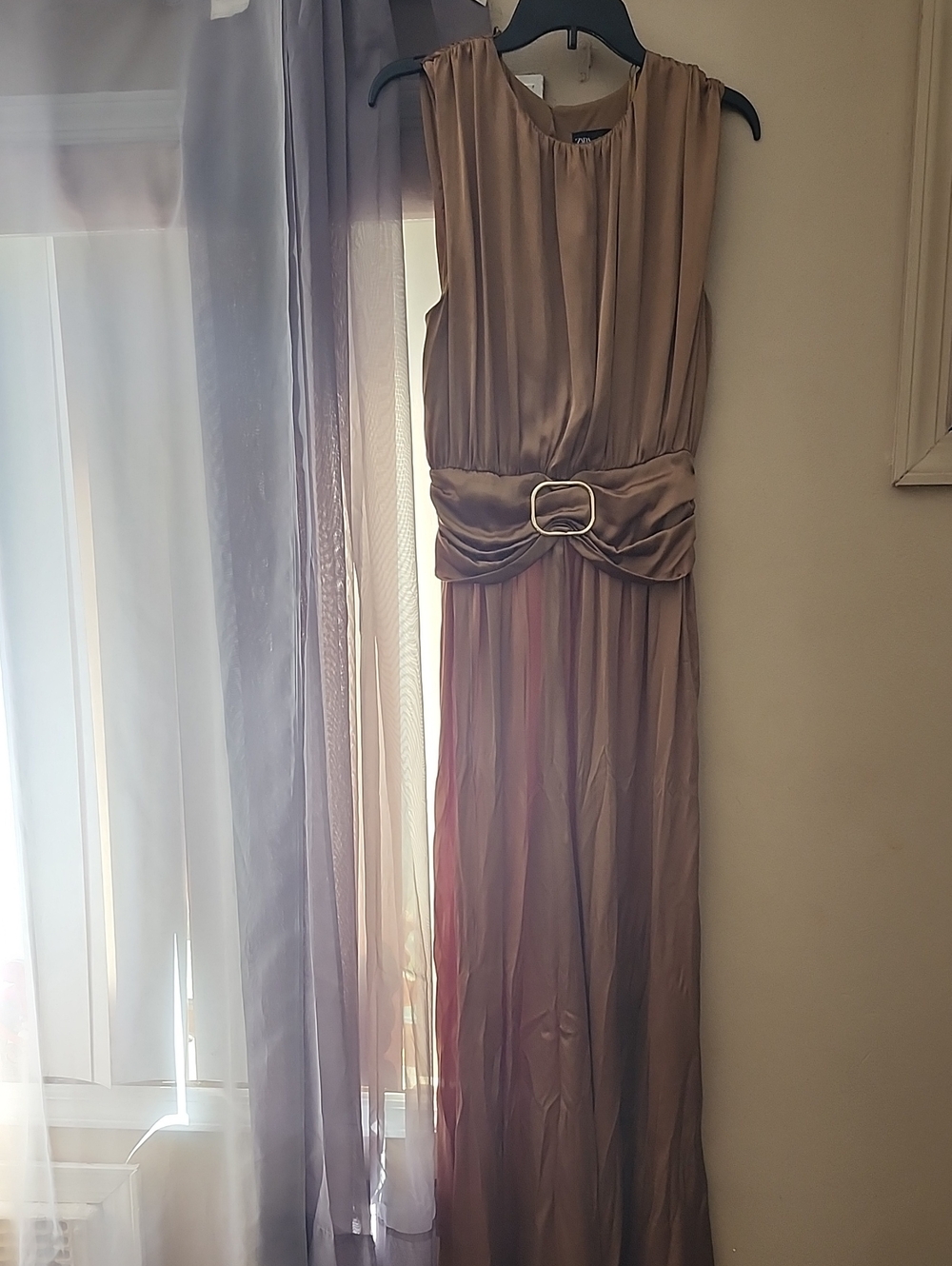 Zara Taupe/Brown Pleated Maxi Dress with Buckle Waist